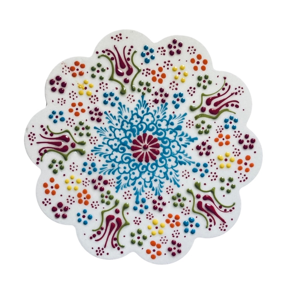 Handmade Turkish Ceramic Trivet Scalloped Floral Relief Tile Boho Kitchen Decor